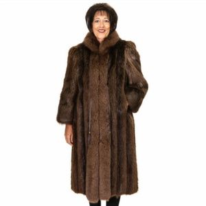 Long Hair 45" Beaver Fur Coat with Fox Tuxedo Trim